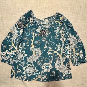 Teal Botanical Print Blouse w/Subtle Puff Sleeves – Relaxed Fit – Soft Drape